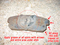 Apply grease to the following areas on the brake pad